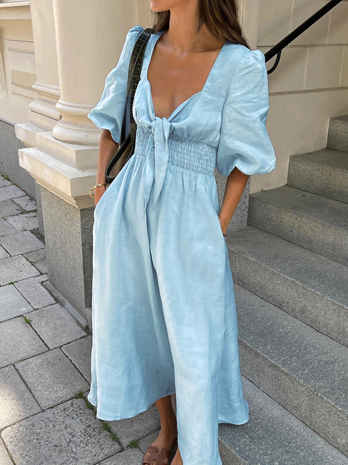Linen Blend Front Tie Midi Dress