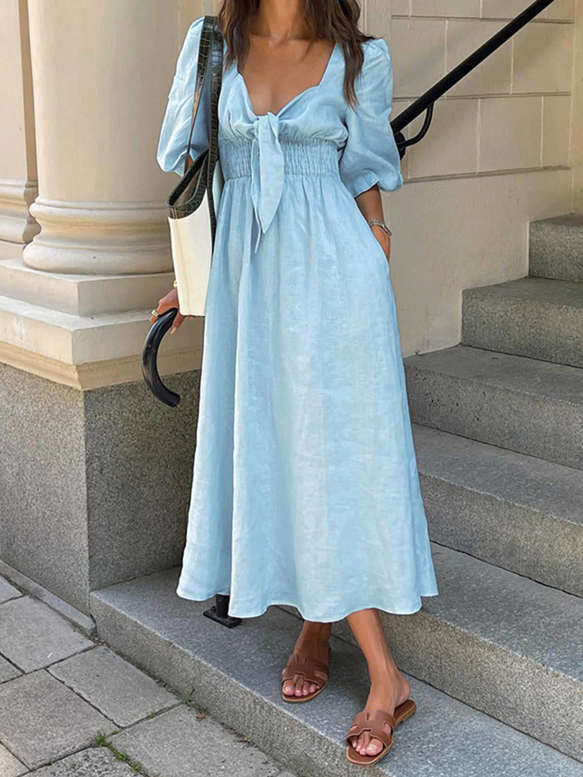 Linen Blend Front Tie Midi Dress