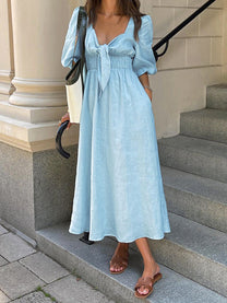 Linen Blend Front Tie Midi Dress