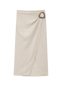 Linen Blend Wrap Midi Skirt with Wooden Buckle