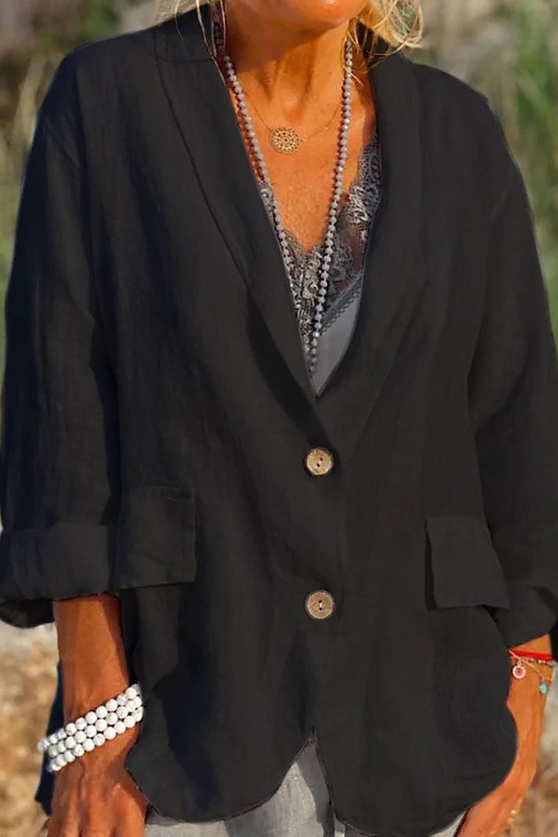 Linen Relaxed Fit V-Neck Jacket With Button Front