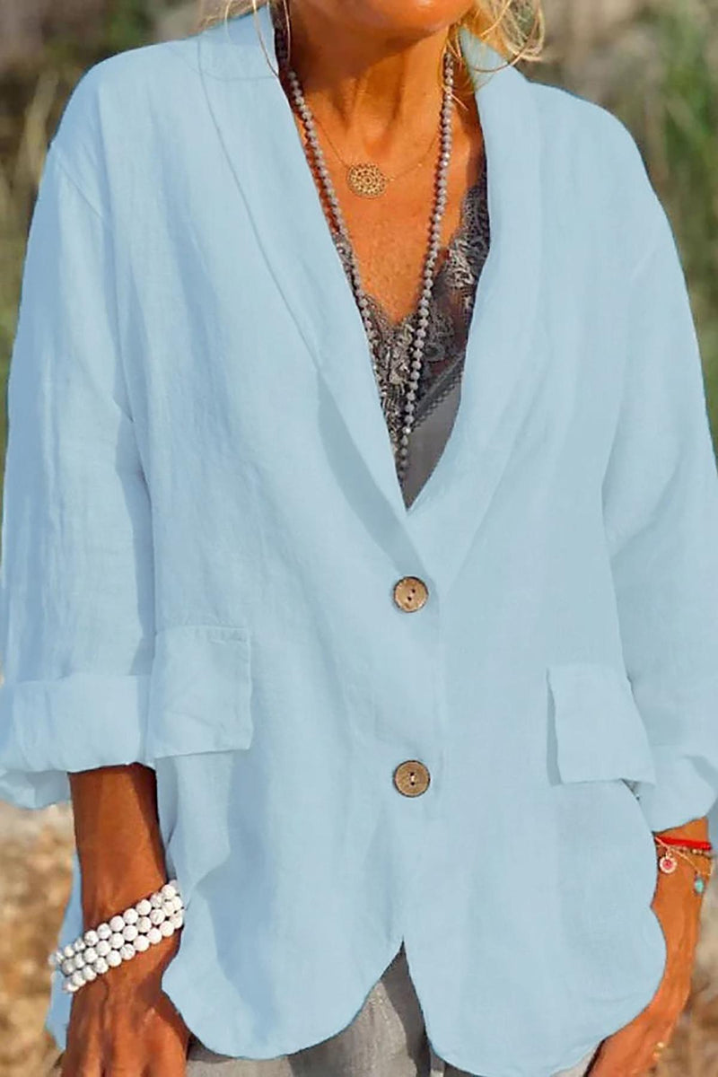 Linen Relaxed Fit V-Neck Jacket With Button Front