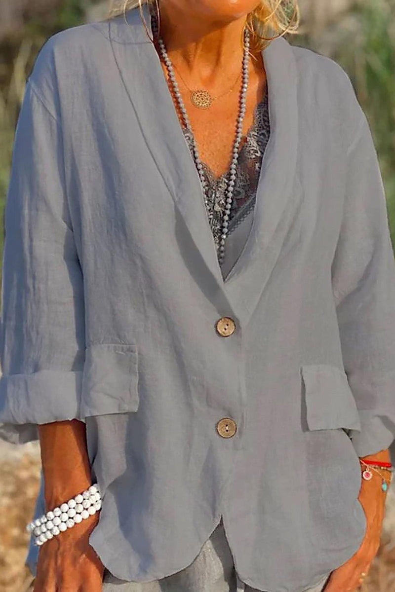 Linen Relaxed Fit V-Neck Jacket With Button Front