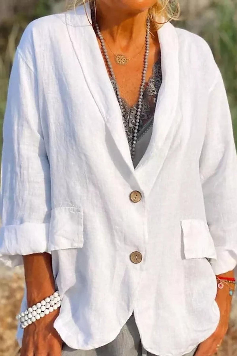 Linen Relaxed Fit V-Neck Jacket With Button Front