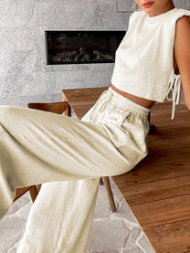 Linen Two Piece Wide Leg Pants Set