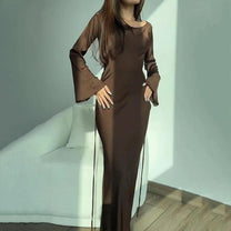 Long Flared Sleeve Satin Evening Gown
