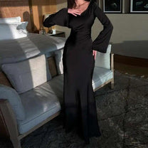 Long Flared Sleeve Satin Evening Gown