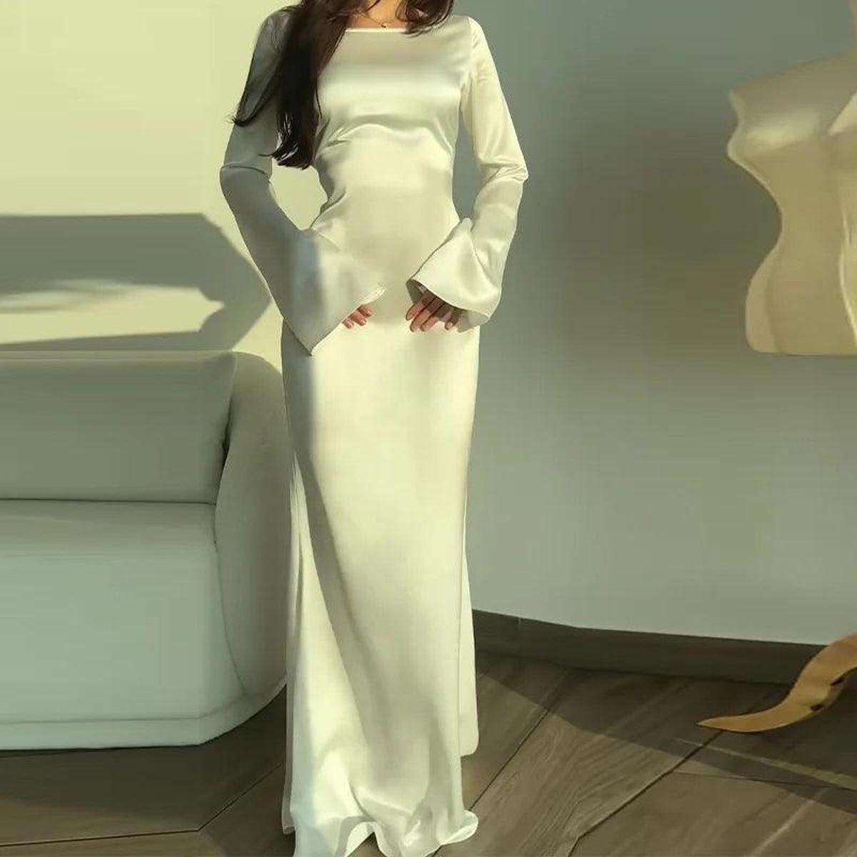 Long Flared Sleeve Satin Evening Gown