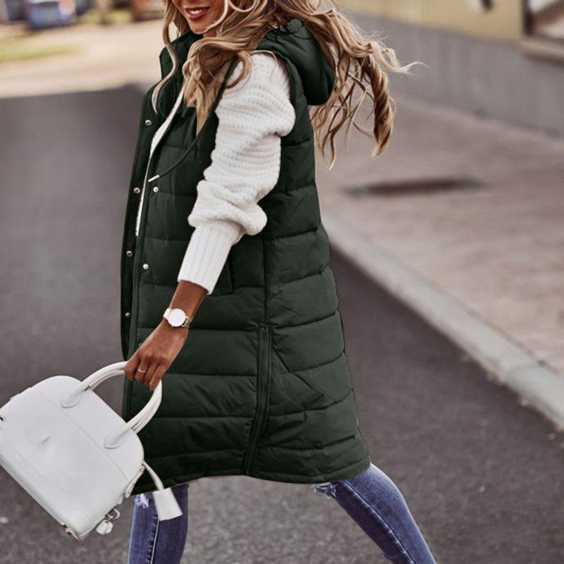 Long Hooded Sleeveless Bodywarmer With Pockets