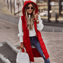 Long Hooded Sleeveless Bodywarmer With Pockets