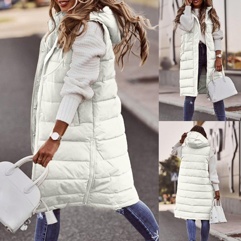 Long Hooded Sleeveless Bodywarmer With Pockets