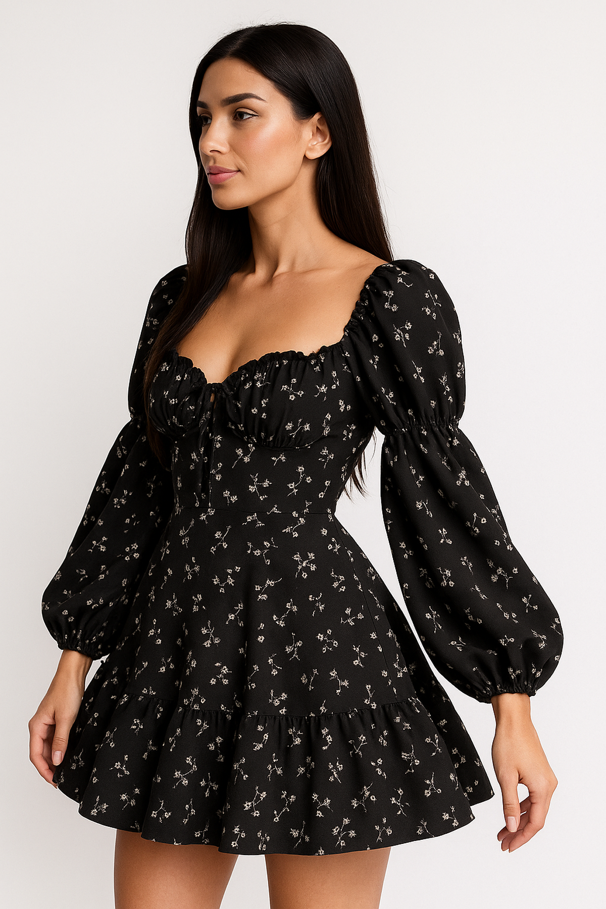 Long Puff Sleeve Floral Dress with Open Back