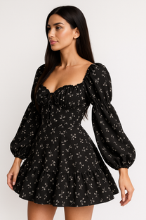Long Puff Sleeve Floral Dress with Open Back