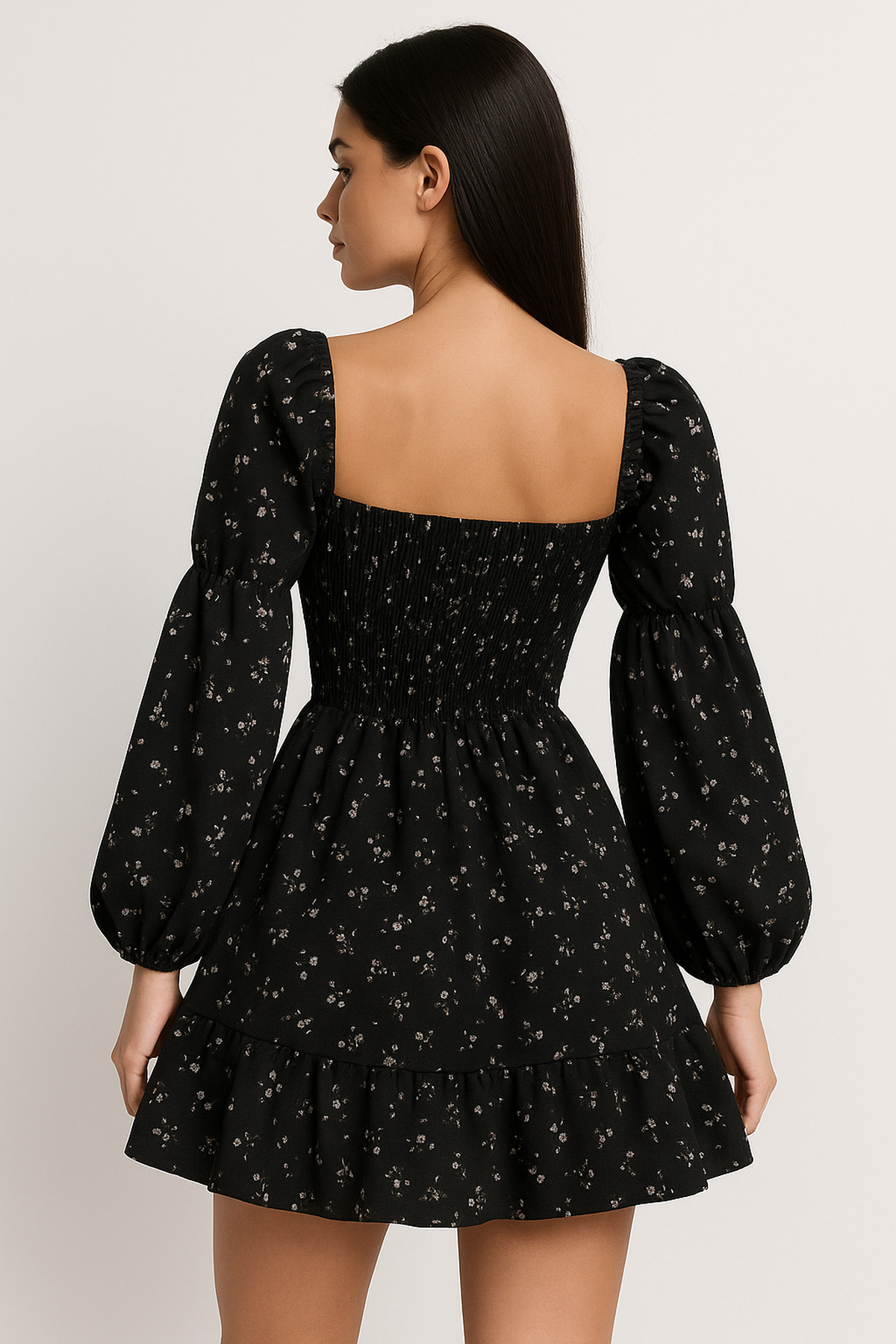 Long Puff Sleeve Floral Dress with Open Back