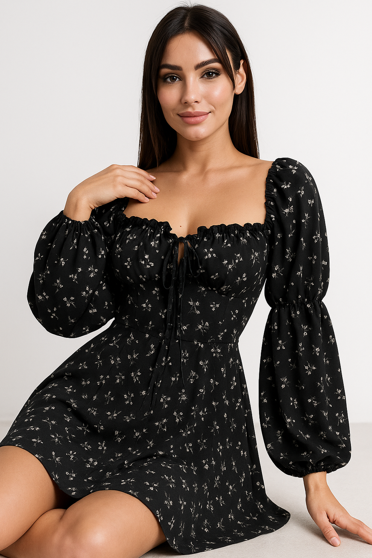 Long Puff Sleeve Floral Dress with Open Back