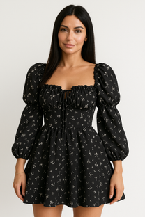Long Puff Sleeve Floral Dress with Open Back