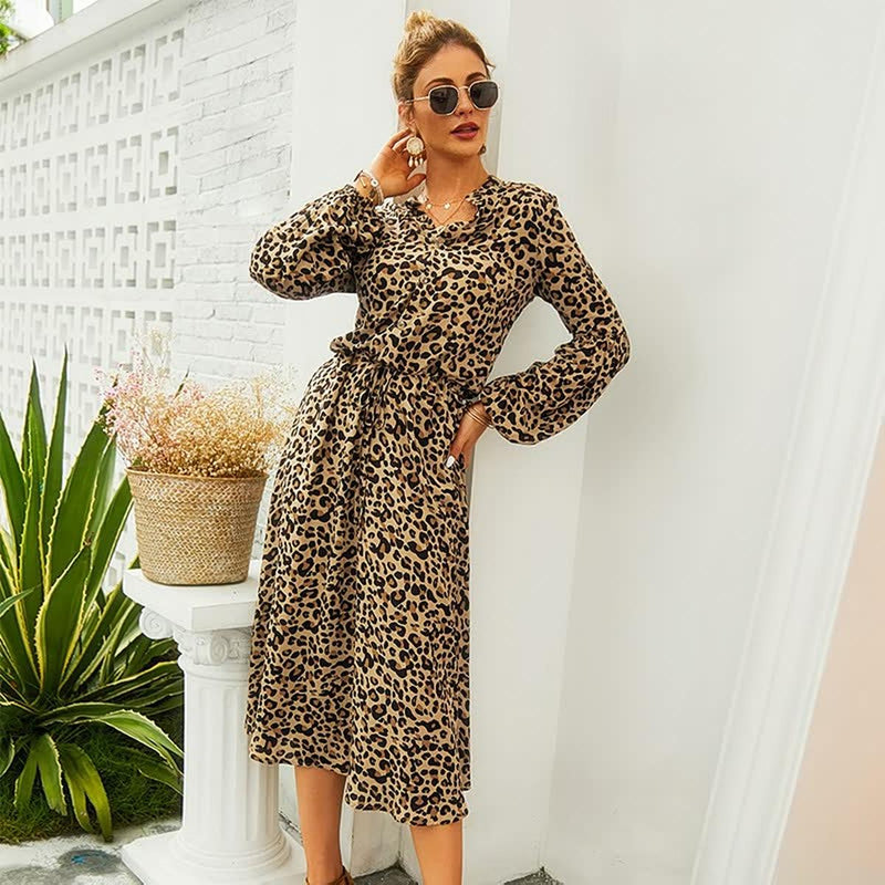 Long Sleeve Leopard Print Spring Dress