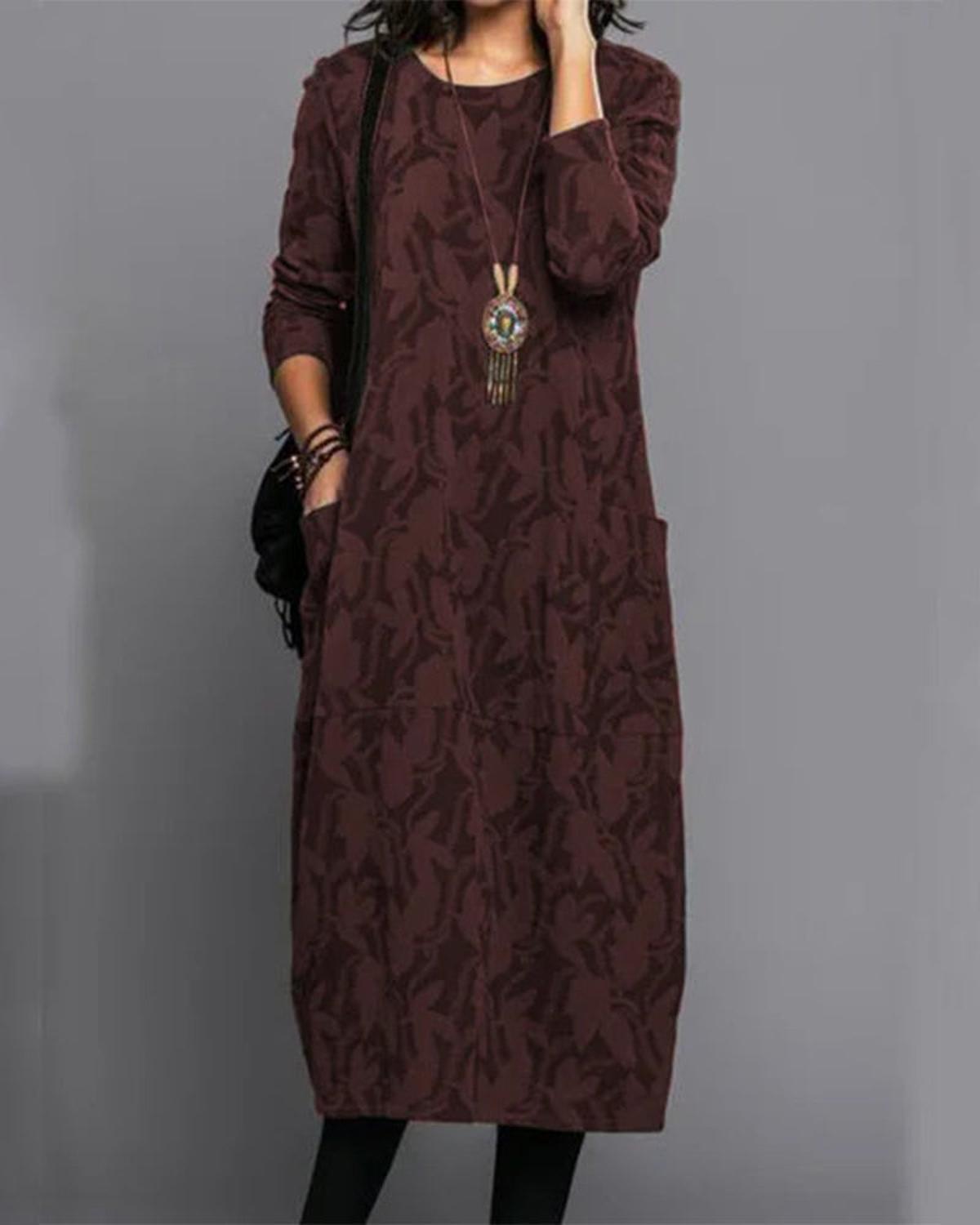 Long Sleeve Pocket Midi Dress With Printed Pattern