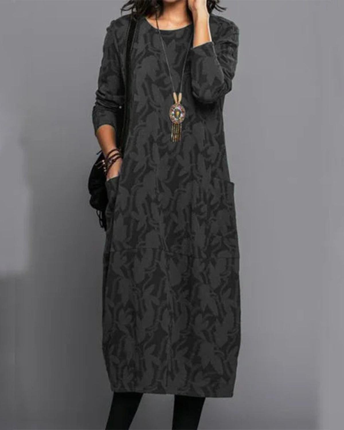 Long Sleeve Pocket Midi Dress With Printed Pattern