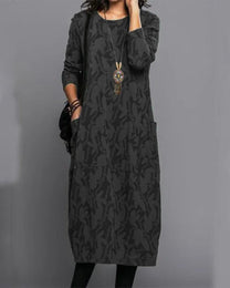 Long Sleeve Pocket Midi Dress With Printed Pattern