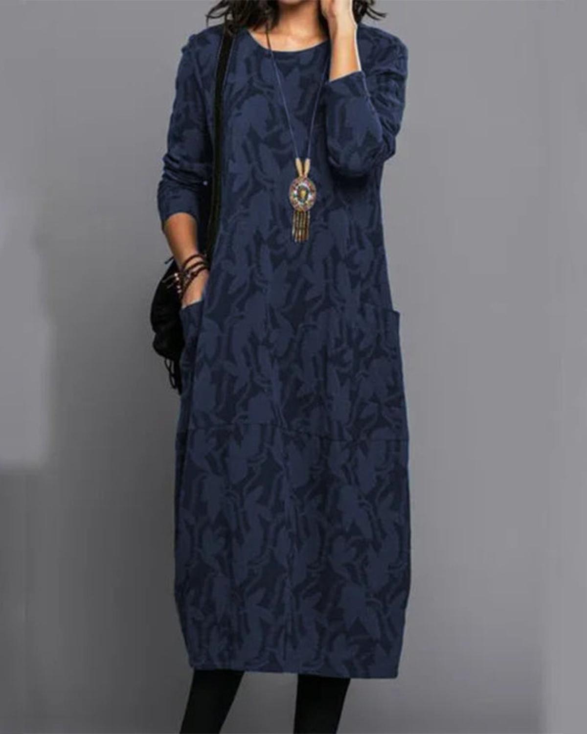 Long Sleeve Pocket Midi Dress With Printed Pattern