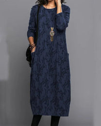 Long Sleeve Pocket Midi Dress With Printed Pattern