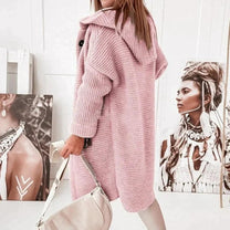 Long Warm Hooded Knit Cardigan