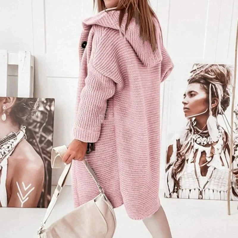 Long Warm Hooded Knit Cardigan