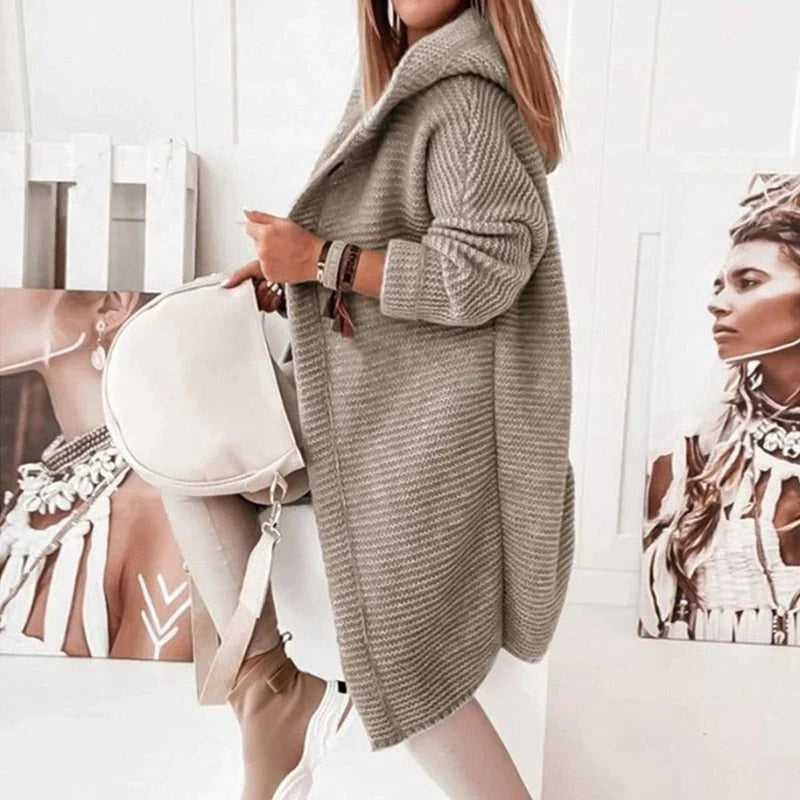 Long Warm Hooded Knit Cardigan