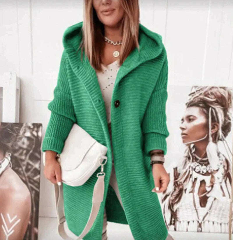 Long Warm Hooded Knit Cardigan