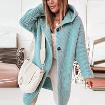 Long Warm Hooded Knit Cardigan