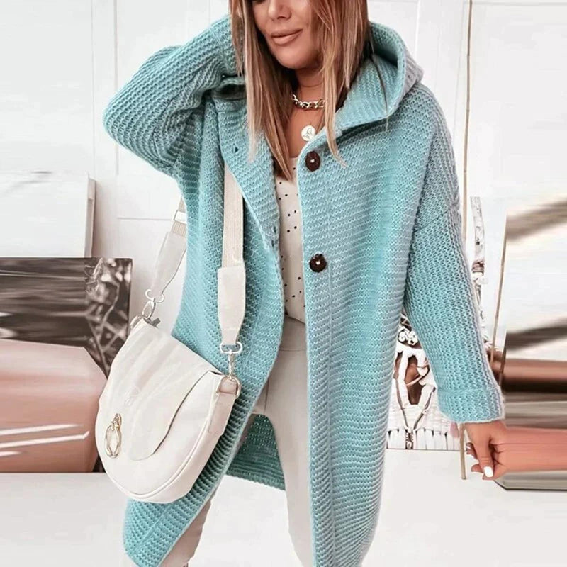 Long Warm Hooded Knit Cardigan