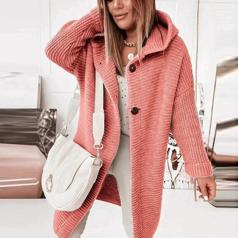 Long Warm Hooded Knit Cardigan