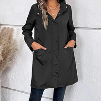 Long Women&#39;s Autumn Coat With High Collar And Button Closure