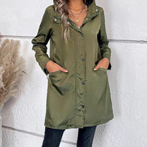 Long Women&#39;s Autumn Coat With High Collar And Button Closure