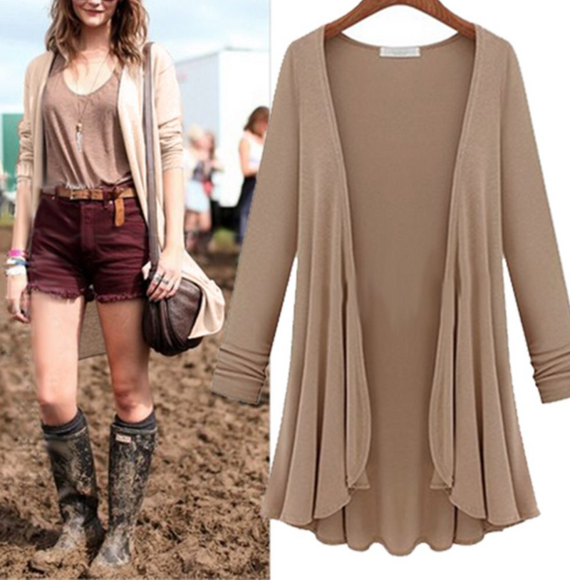 Long Women&#39;s Cardigan With Ruffle Details, Cotton-Polyester Blend, V-Neck, Available In Multiple Colours