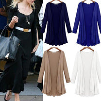 Long Women&#39;s Cardigan With Ruffle Details, Cotton-Polyester Blend, V-Neck, Available In Multiple Colours