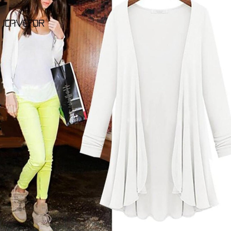 Long Women&#39;s Cardigan With Ruffle Details, Cotton-Polyester Blend, V-Neck, Available In Multiple Colours