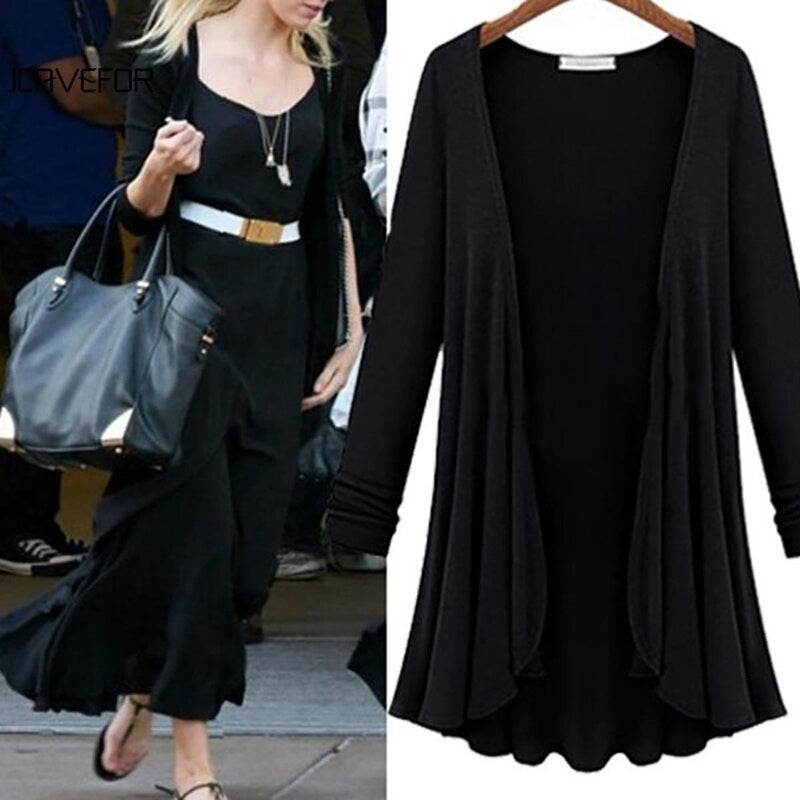 Long Women&#39;s Cardigan With Ruffle Details, Cotton-Polyester Blend, V-Neck, Available In Multiple Colours