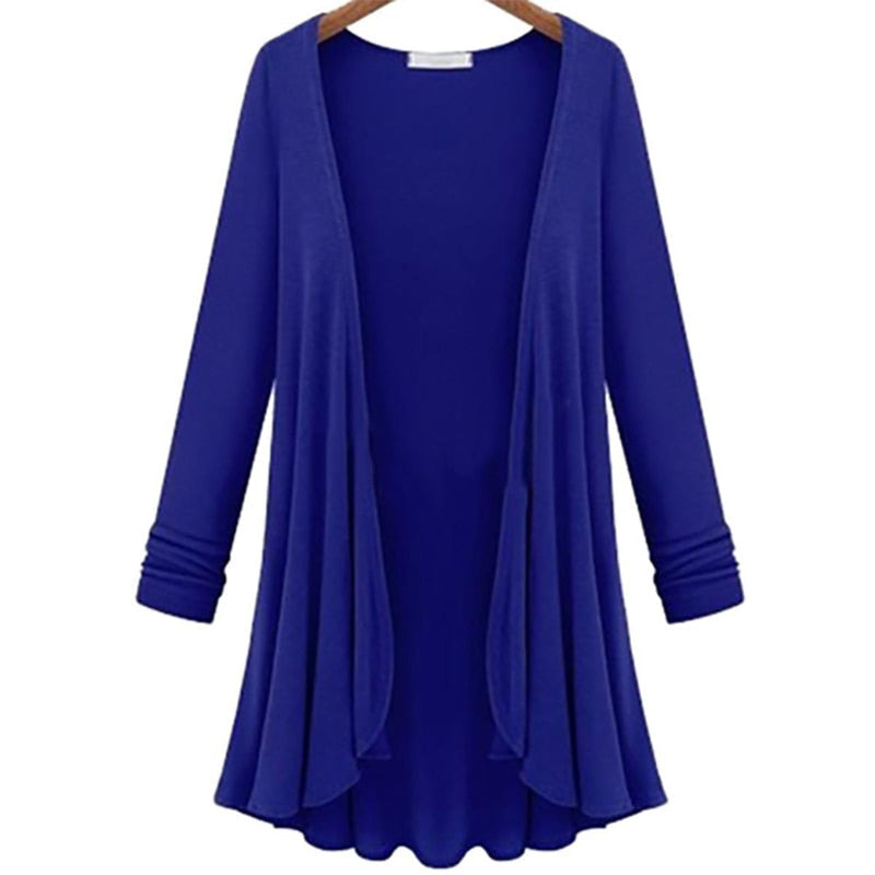 Long Women&#39;s Cardigan With Ruffle Details, Cotton-Polyester Blend, V-Neck, Available In Multiple Colours