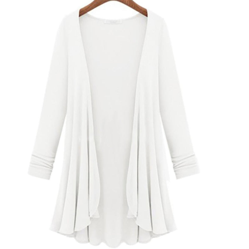 Long Women&#39;s Cardigan With Ruffle Details, Cotton-Polyester Blend, V-Neck, Available In Multiple Colours
