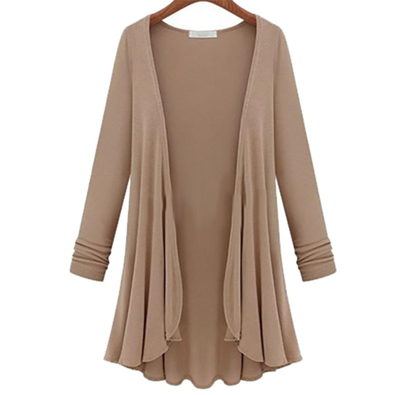 Long Women&#39;s Cardigan With Ruffle Details, Cotton-Polyester Blend, V-Neck, Available In Multiple Colours
