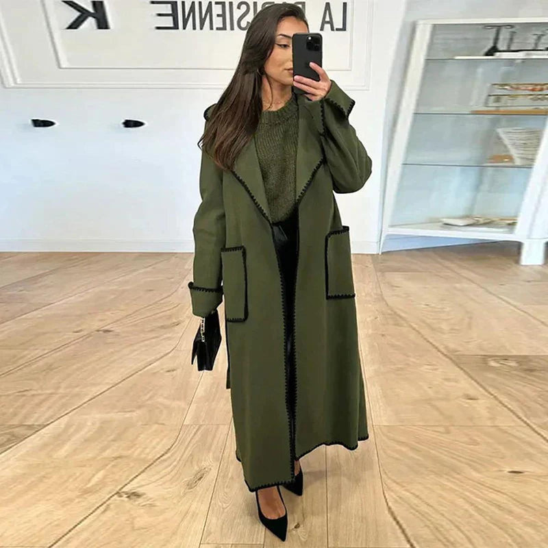 Long Women&#39;s Coat With Contrast Stitching And Lapel Collar