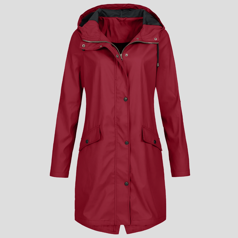 Long Women&#39;s Raincoat With Adjustable Hood And Pockets