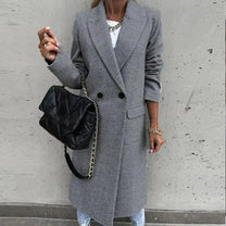 Long Women&#39;s Wool Blend Coat With Button Placket And Side Pockets