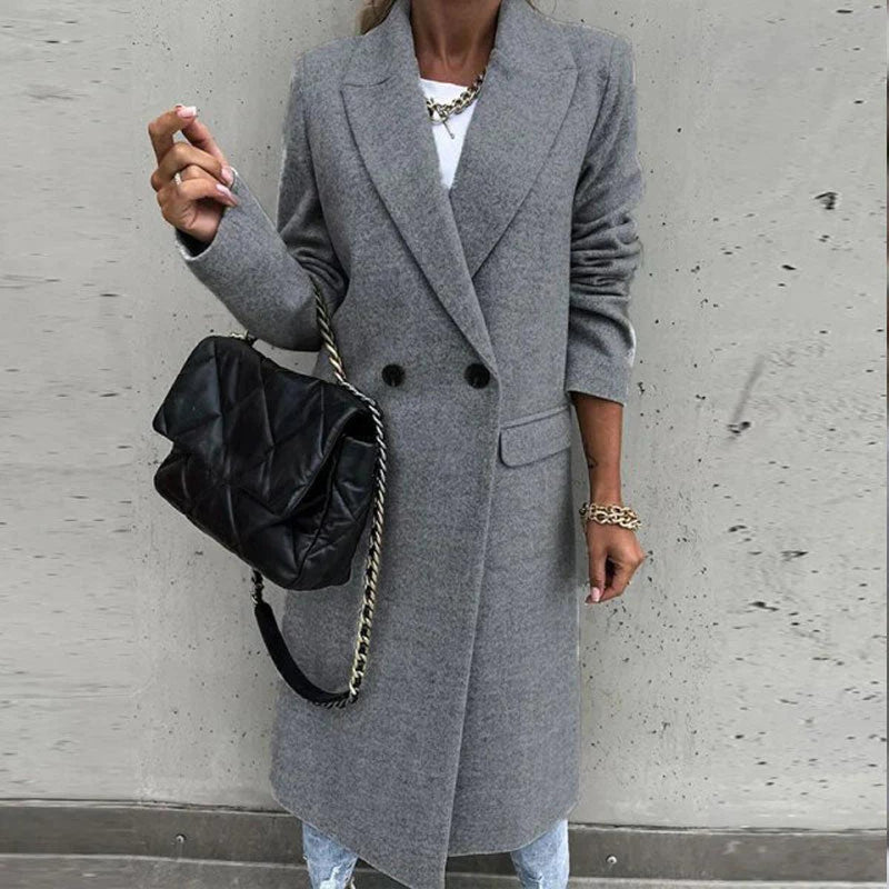 Long Women&#39;s Wool Blend Coat With Button Placket And Side Pockets