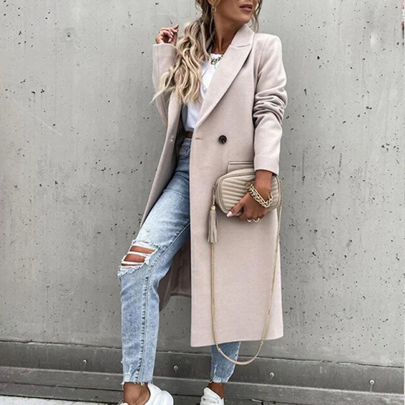 Long Women&#39;s Wool Blend Coat With Button Placket And Side Pockets