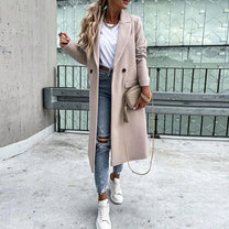 Long Women&#39;s Wool Blend Coat With Button Placket And Side Pockets