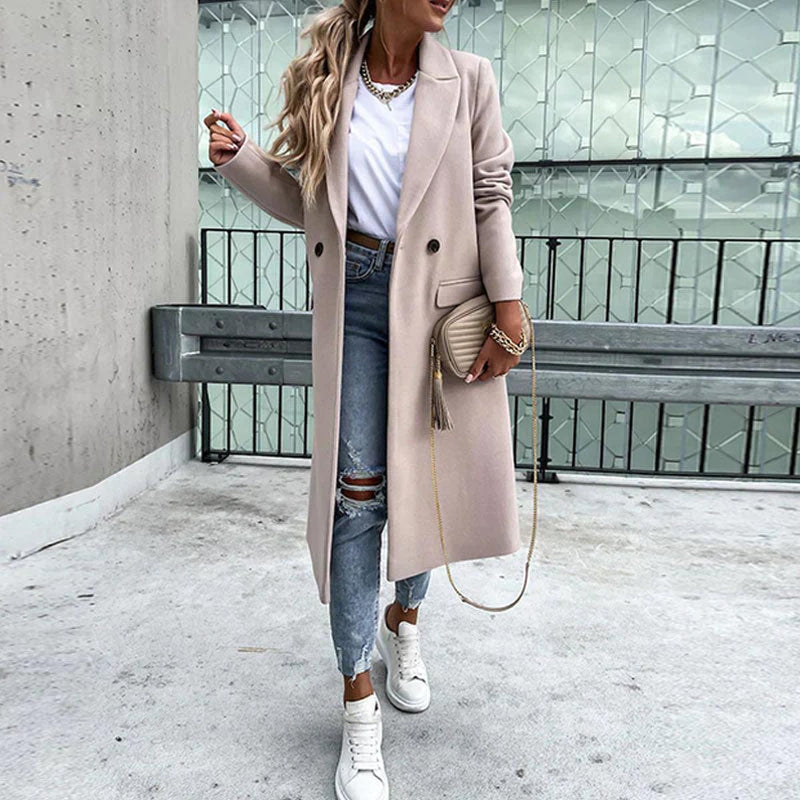 Long Women&#39;s Wool Blend Coat With Button Placket And Side Pockets