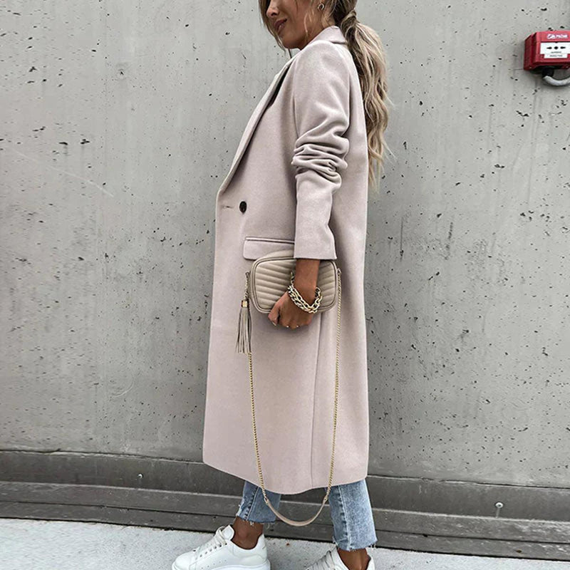Long Women&#39;s Wool Blend Coat With Button Placket And Side Pockets